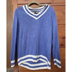 Talbots Sweater Large Petite Blue White Loose Knit Linen Summer Classic Cool
